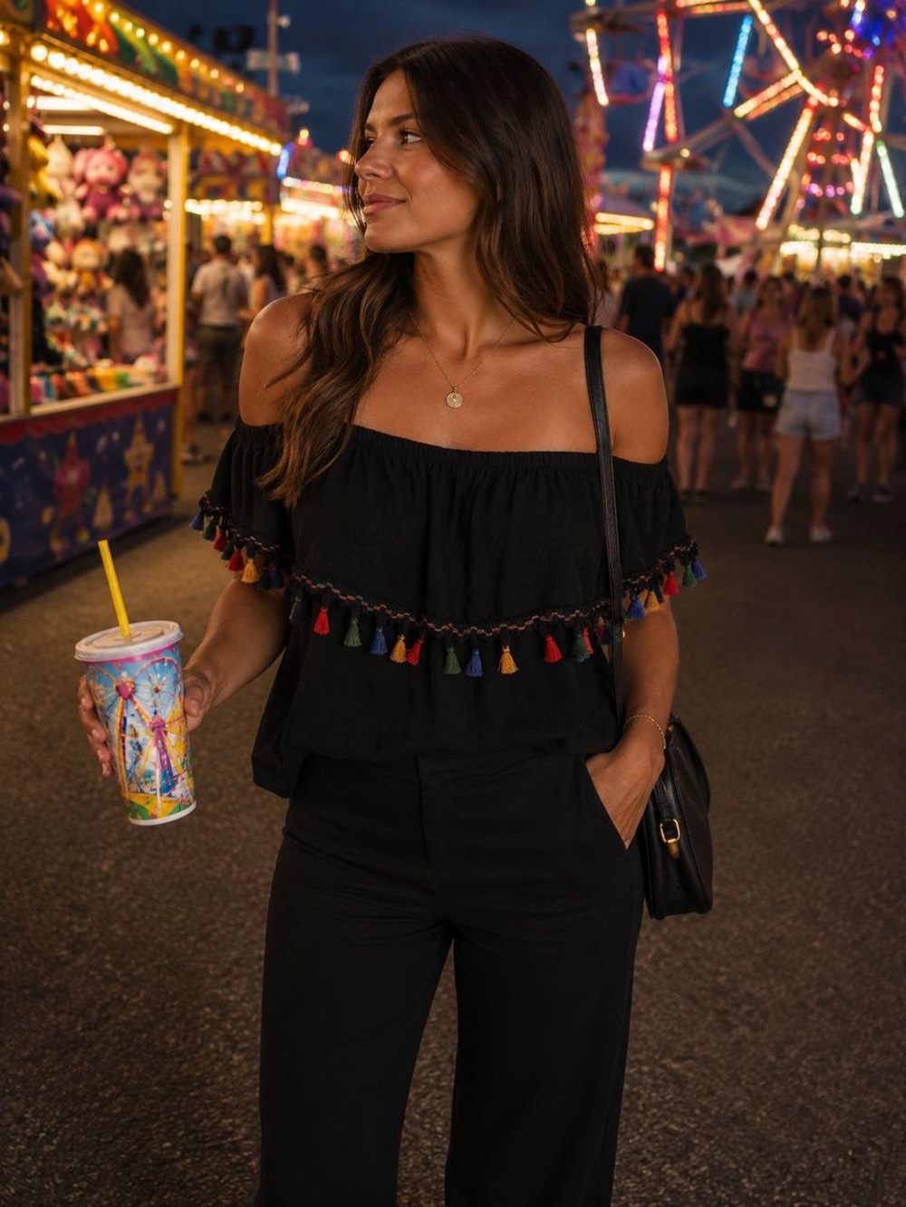 Kim & Cami Black Off-Shoulder Crop Top with Multicolor Tassels
